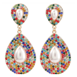 Large Shimmering Teardrop Pearl and Rhinestone Dangling Earrings - Ella Moore