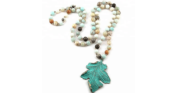 Leaf Pendent Long Amazonite Natural Stone Beaded Necklace - Ella Moore