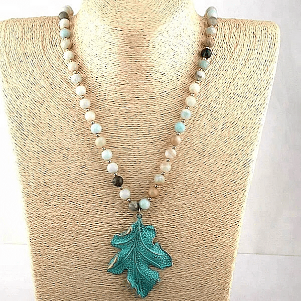 Leaf Pendent Long Amazonite Natural Stone Beaded Necklace - Ella Moore