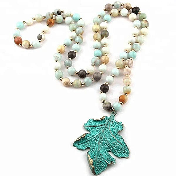 Leaf Pendent Long Amazonite Natural Stone Beaded Necklace - Ella Moore