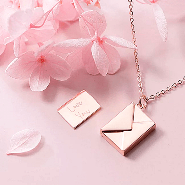 “Love You” Engraved Note & Envelope Rose Gold Sterling Silver Necklace - Ella Moore