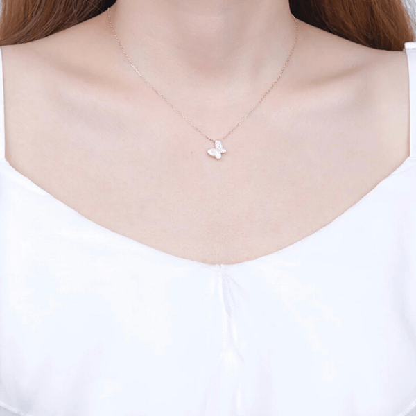 Graceful Mother of Pearl & CZ Butterfly Sterling Silver Necklace