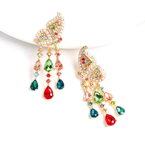 Multi Color Colorful Rhinestone Gold Butterfly Dangle Earrings - Ella Moore