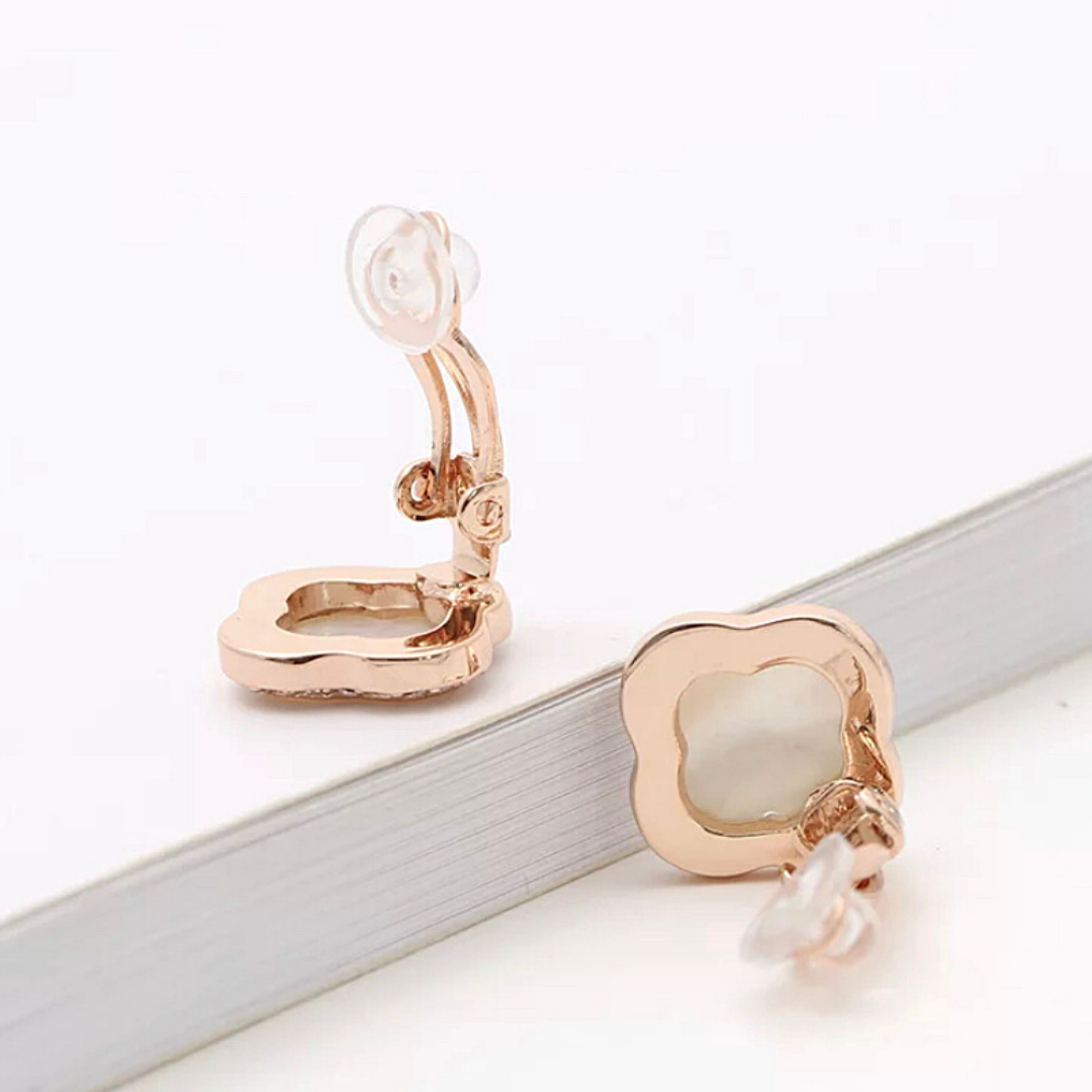 Natural Shell Four Leaf Clover CZ Rose Gold Clip On Earrings - Ella Moore