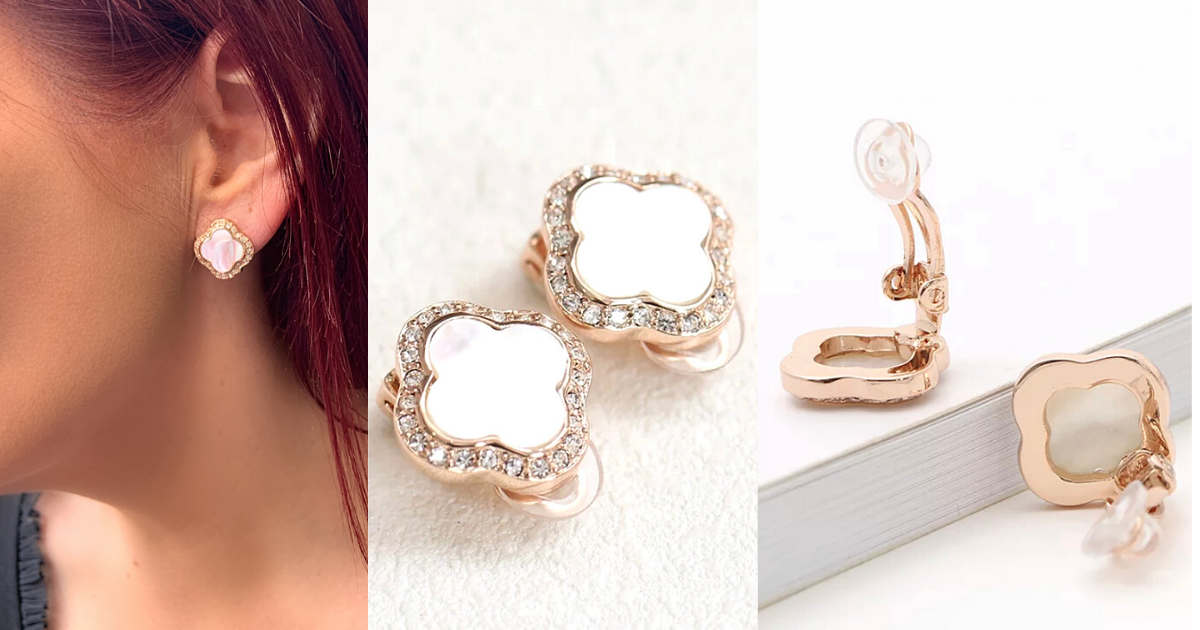 Natural Shell Four Leaf Clover CZ Rose Gold Clip On Earrings - Ella Moore