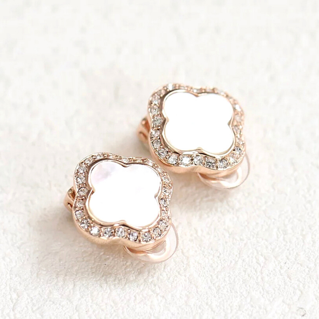 Natural Shell Four Leaf Clover CZ Rose Gold Clip On Earrings - Ella Moore