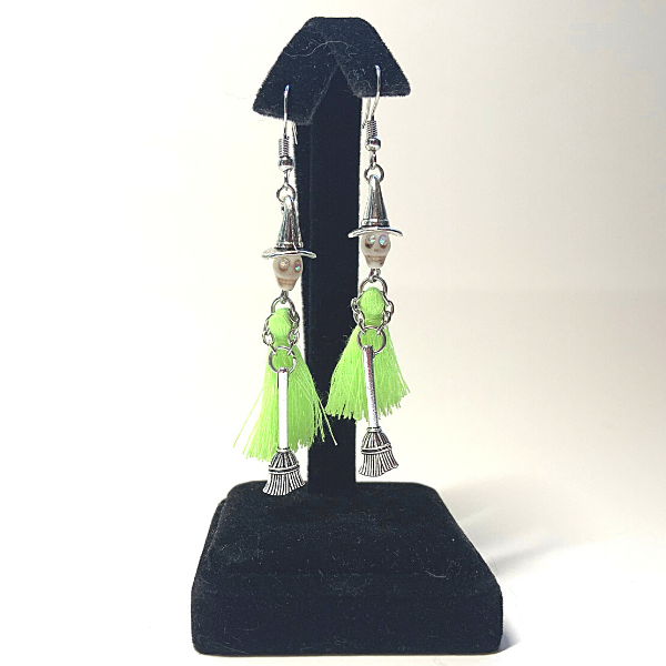Neon Green Handmade Tassel Witch Skull Skeleton Earrings - Ella Moore