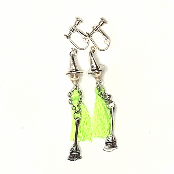 Neon Green  Handmade Tassel Witch Skull Skeleton Halloween Clip On Earrings - Ella Moore