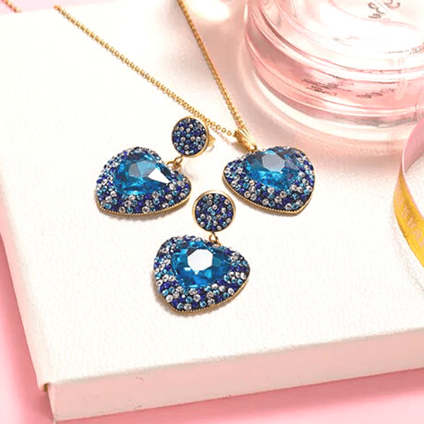 Ocean Blue & White  Brilliant Colorful CZ & Gold Heart Pendant Necklace & Earrings Set - Ella Moore