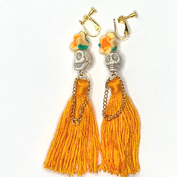 Orange Flower Lady Handmade Tassel Skull Skeleton Clip On Earrings - Ella Moore