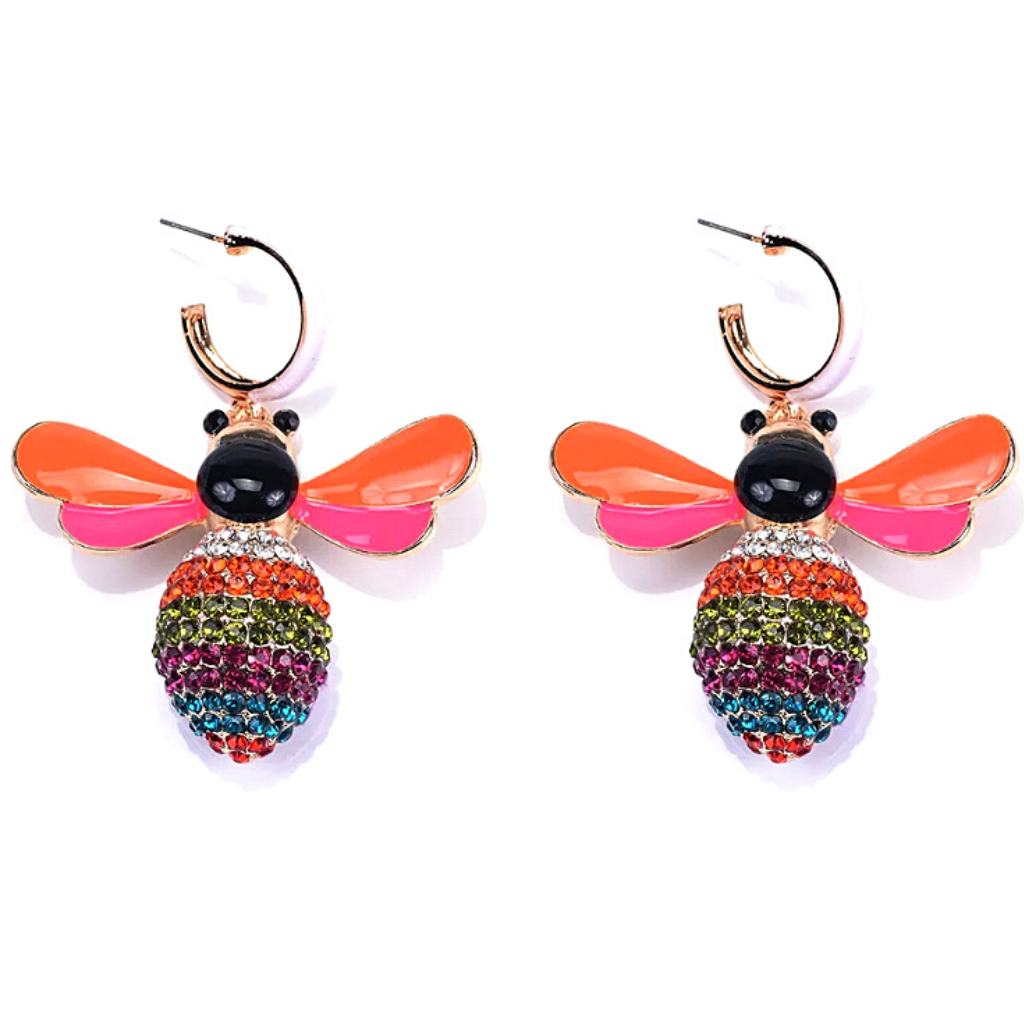 Orange Pink Enamel Rhinestone-Dangling Bee Earrings - Ella Moore