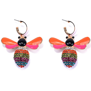 Orange Pink Enamel Rhinestone-Dangling Bee Earrings - Ella Moore