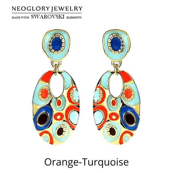 Orange Turquoise Ethnic Bohemian Oval Enamel Dangle Earrings - Ella Moore