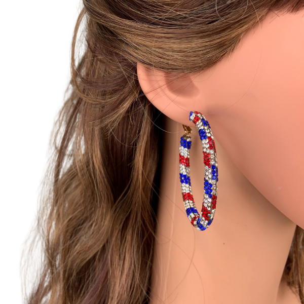 Glittering Large Patriotic Red White and Blue Rhinestone Hoop Earrings - Ella Moore