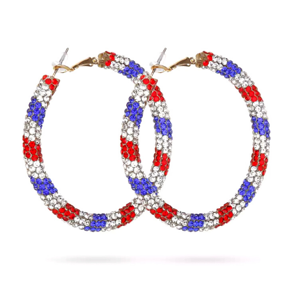 Glittering Large Patriotic Red White and Blue Rhinestone Hoop Earrings - Ella Moore