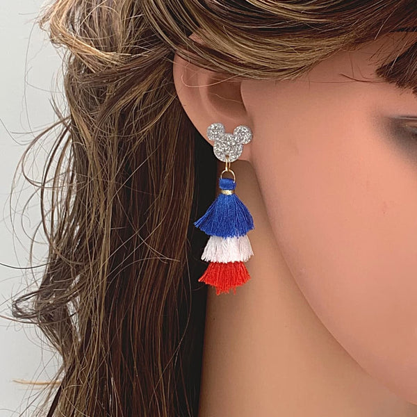 Patriotic Fourth of July Red White Blue Jubilant Mouse Three Color Tassel Earring - Ella Moore