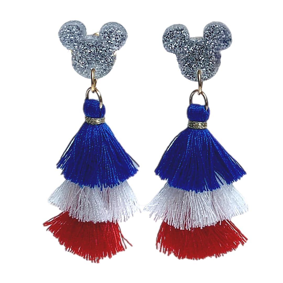 Patriotic Fourth of July Red White Blue Jubilant Mouse Three Color Tassel Earring - Ella Moore