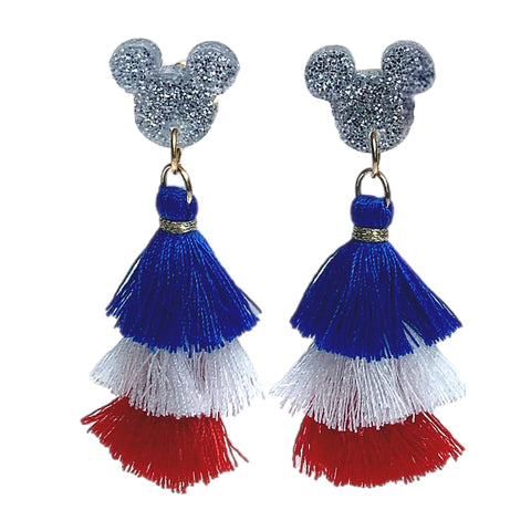 Patriotic Fourth of July Red White Blue Jubilant Mouse Three Color Tassel Earring - Ella Moore