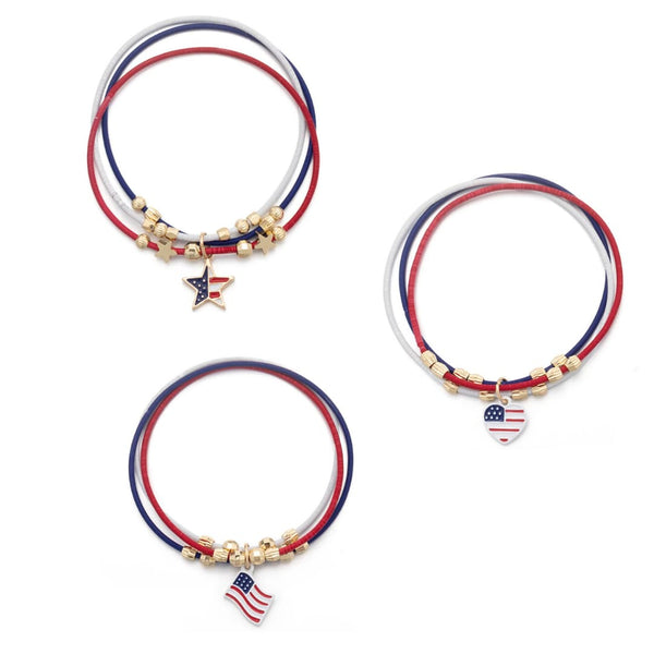 Patriotic Red White Blue Stainless Steel Charm Elastic Stretch Bracelet  - Ella Moore
