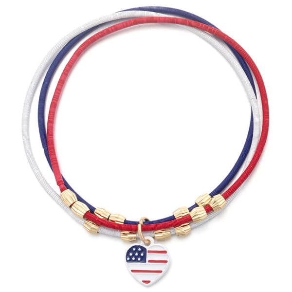 Patriotic Red White Blue Stainless Steel Heart Charm Elastic Stretch Bracelet - Ella Moore