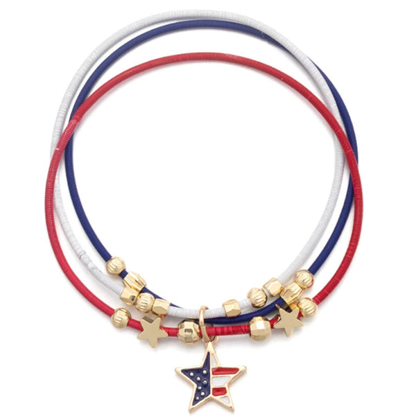 Patriotic Red White Blue Stainless Steel Star Charm Elastic Stretch Bracelet - Ella Moore