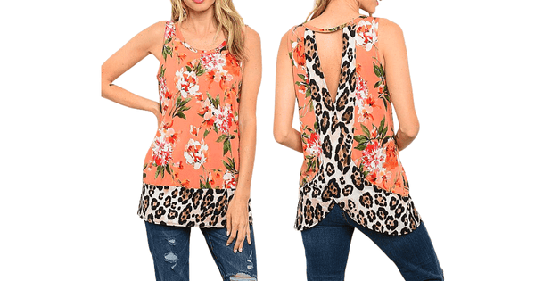 Sexy Peach Floral and Leopard Print Open Back Women Sleeveless Top