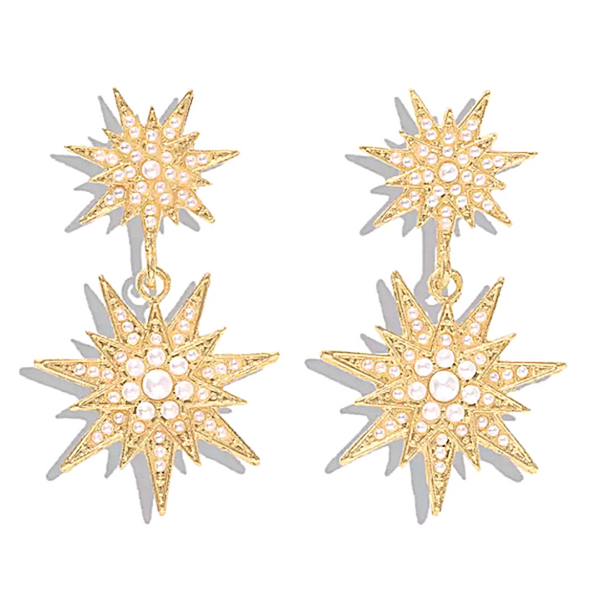 Pearl Radiant Rhinestone Double Snowflake Star Dangling Earrings - Ella Moore