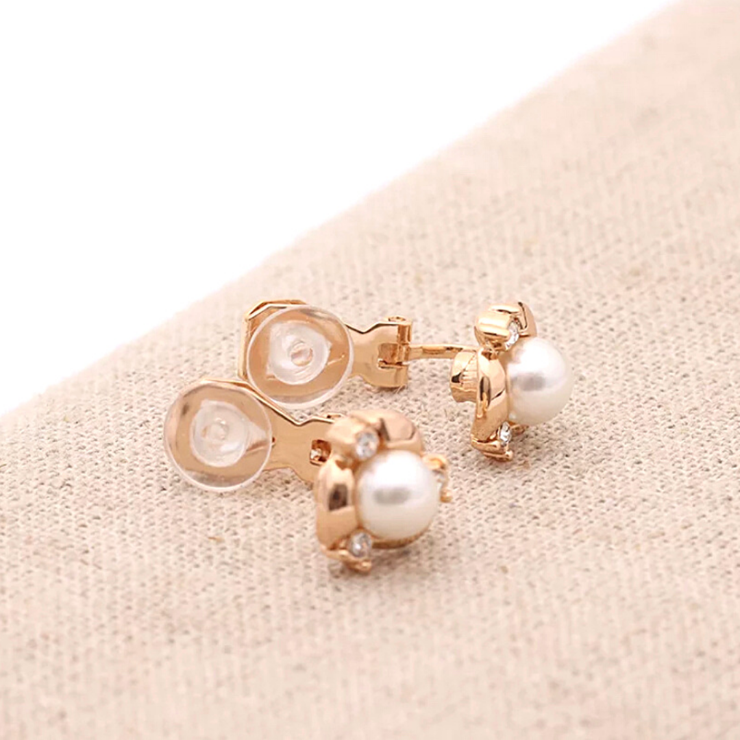 Petite CZ, Rose Gold and Pearl Clip On Earrings - Ella Moore