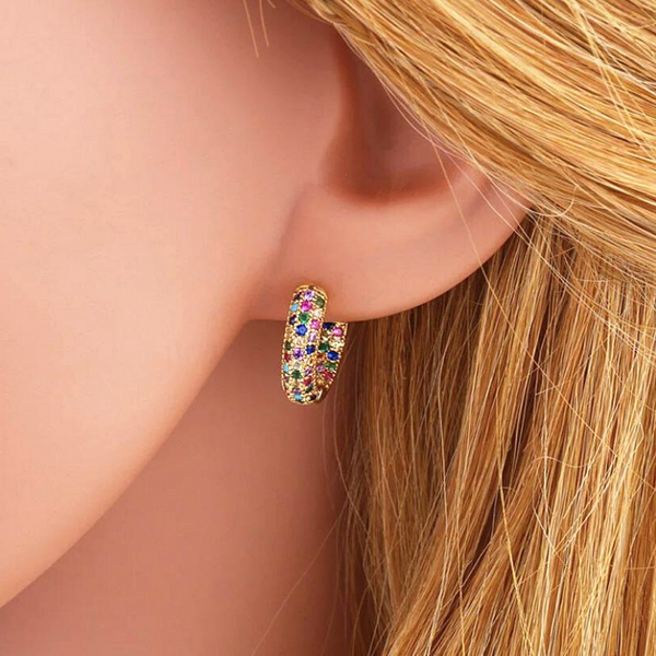 Petite Rainbow Colorful Pave CZ  Huggie Hoop Earrings - Ella Moore