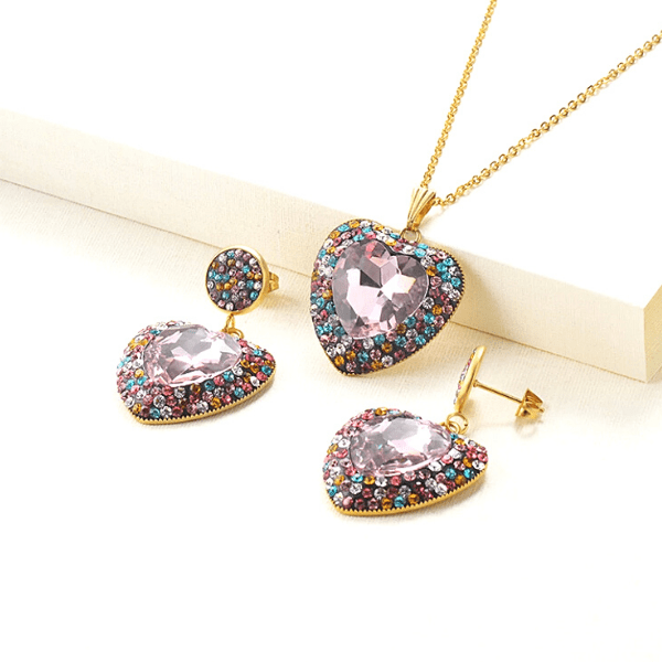 Pink  Brilliant Colorful CZ & Gold Heart Pendant Necklace & Earrings Set - Ella Moore