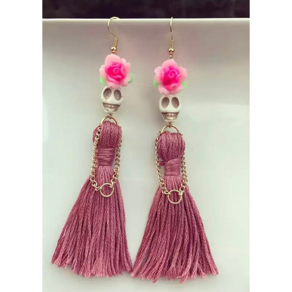 Pink Dress Flower Lady Handmade Tassel Skeleton Skull Earrings - Ella Moore