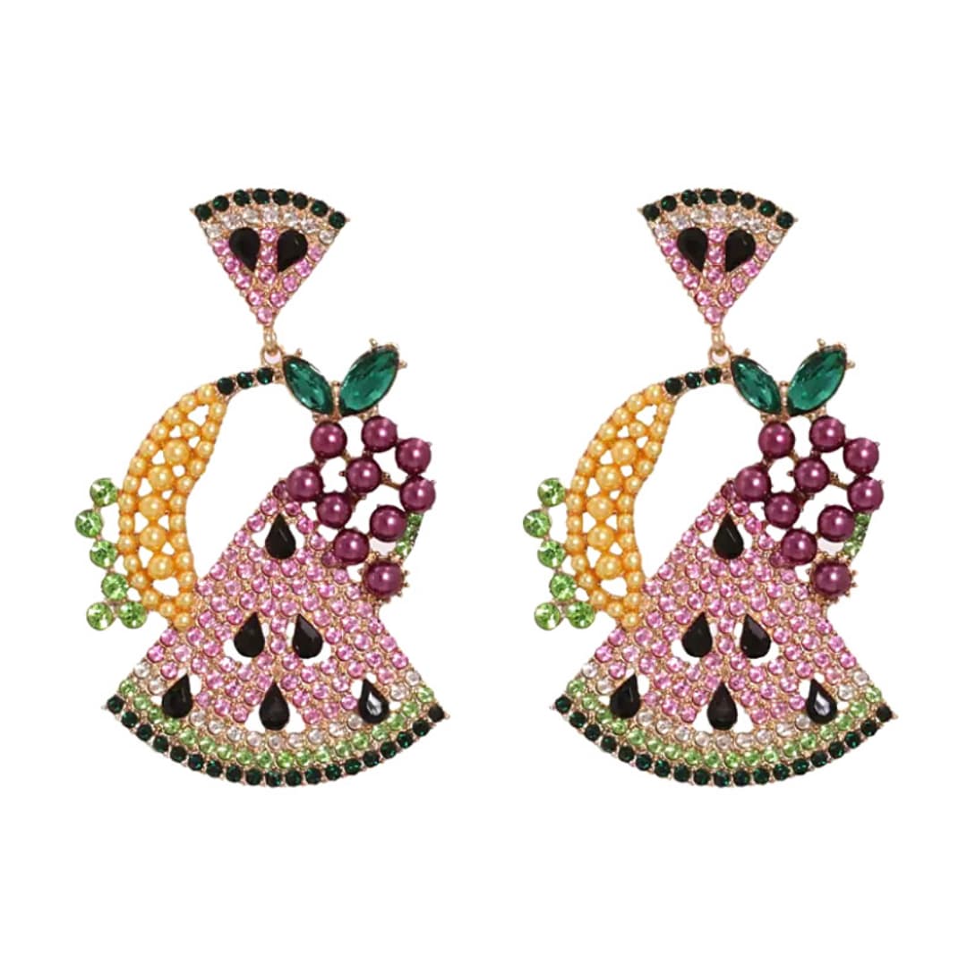 Pink  Juicy Fruit Basket Rhinestone Gold Dangling Earrings - Ella Moore