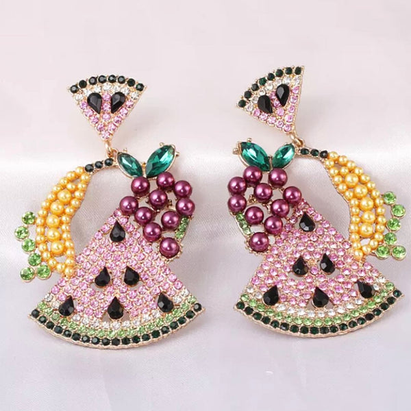 Pink  Juicy Fruit Basket Rhinestone Gold Dangling Earrings - Ella Moore