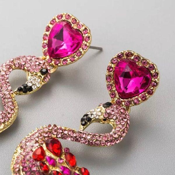 Fun Festive Pink Gold Large Rhinestone Women Dangle Drop Flamingo Earrings - Ella Moore