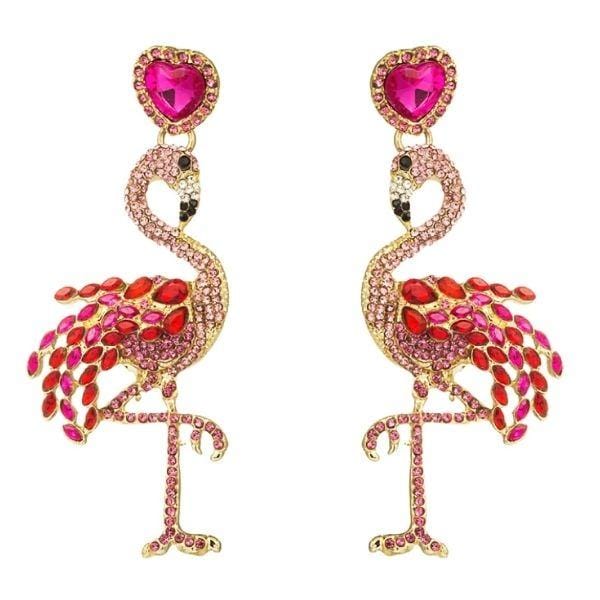 Fun Festive Pink Gold Large Rhinestone Women Dangle Drop Flamingo Earrings  - Ella Moore