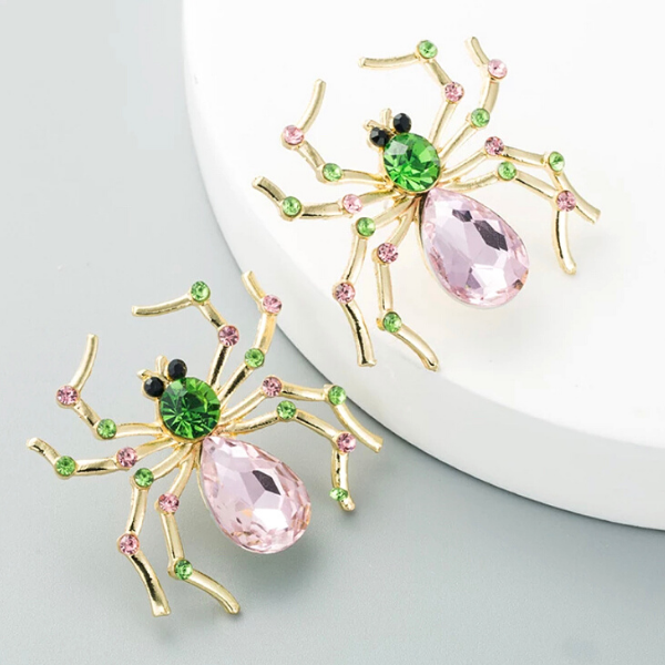 Pink Green Sparkling Rhinestone Spider Earrings - Ella Moore