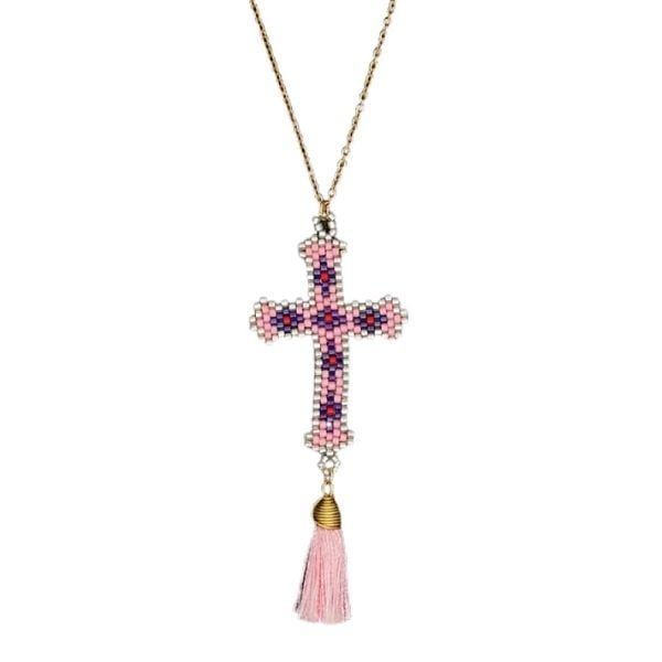 Pink Bohemian Hand-made Mikyuki Seed Bead Gold Cross Necklace - Ella Moore