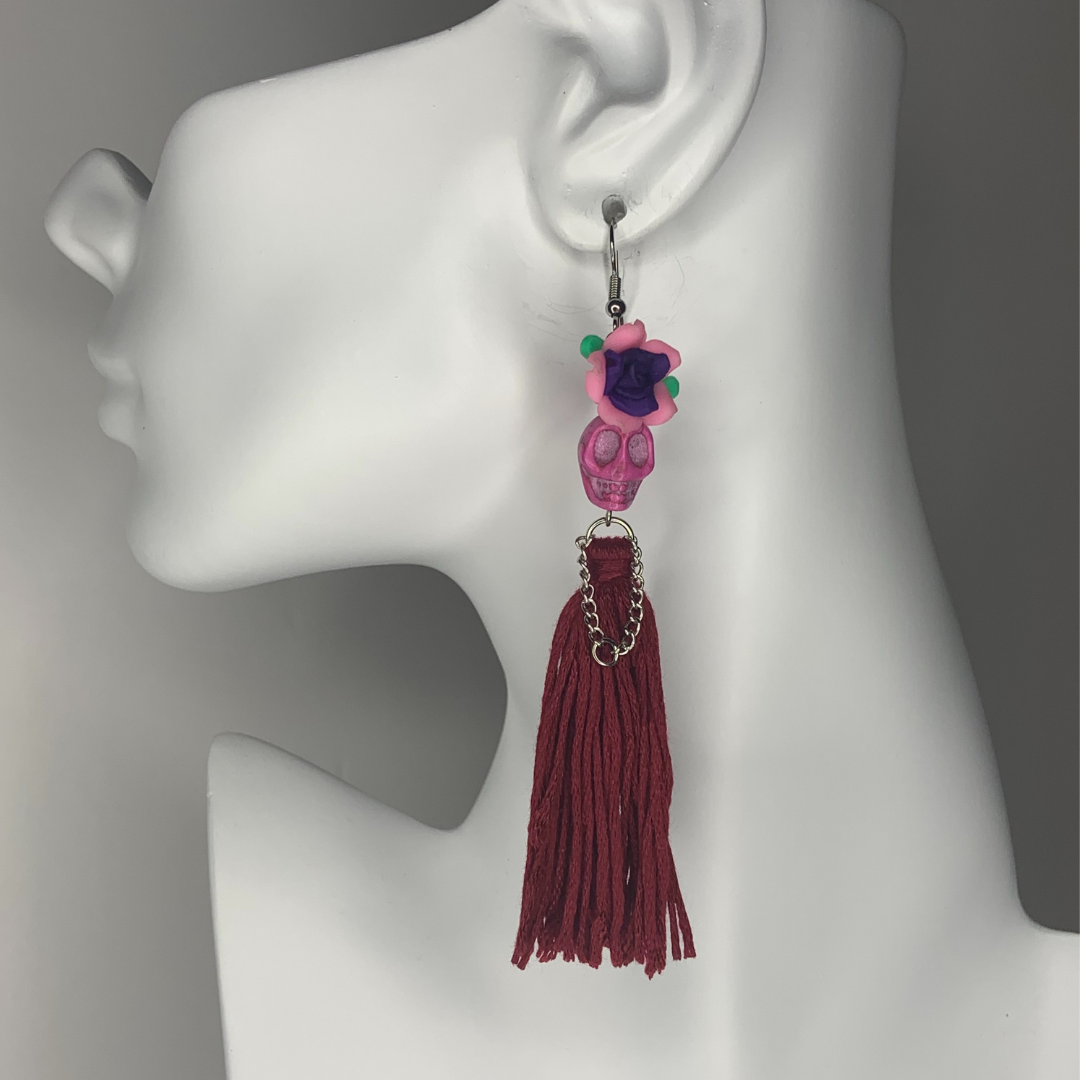 Pink Skull Pink Dress Flower Lady Handmade Tassel Skeleton Skull Earrings - Ella Moore