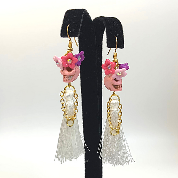 Pink Head White Dress Flower Lady Tassel Handmade Skeleton Skull Earrings - Ella Moore