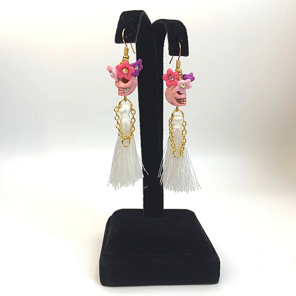 Pink Head White Dress Flower Lady Tassel Handmade Skeleton Skull Earrings - Ella Moore