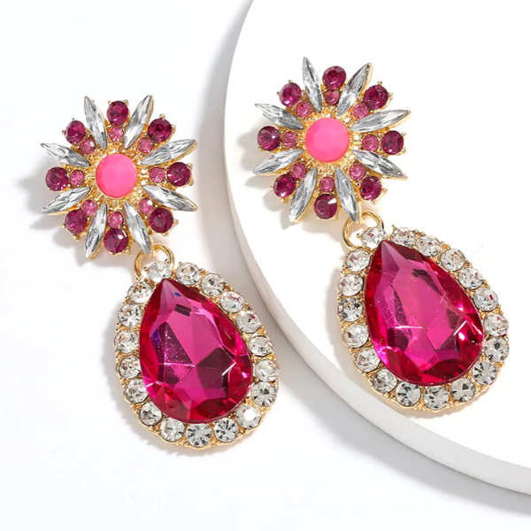 Pink Large Bold Glamorous Colorful Rhinestone Teardrop Earrings - Ella Moore