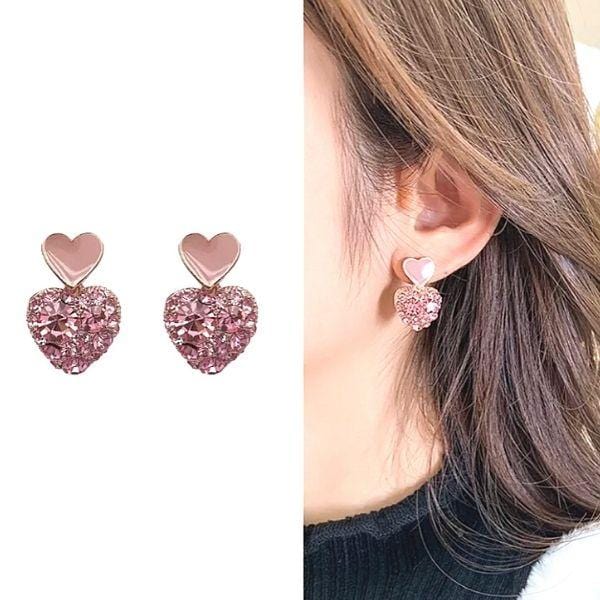 Glamorous Petite CZ & Enamel Double Heart Gold Earrings