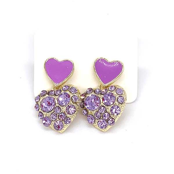 Purple Glamorous Petite CZ & Enamel Double Heart Gold Earrings - Ella Moore