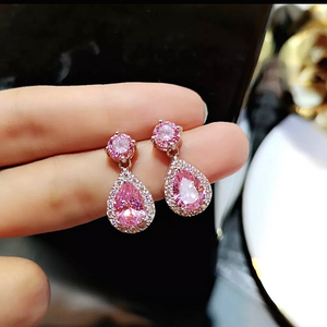 Pink Shimmering Petite Teardrop Pear Shaped Rhinestone Dangle Earrings - Ella Moore