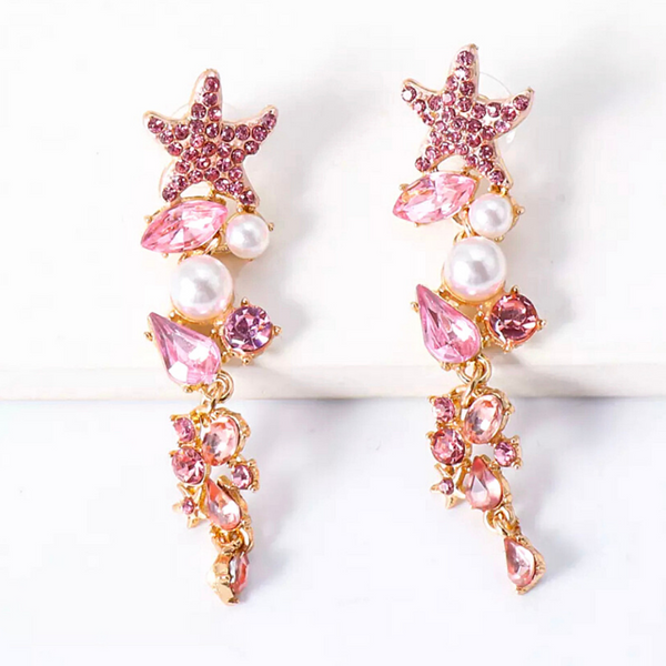 Pink Glistening Rhinestone Pearl Starfish Dangle Gold Earrings - Ella Moore