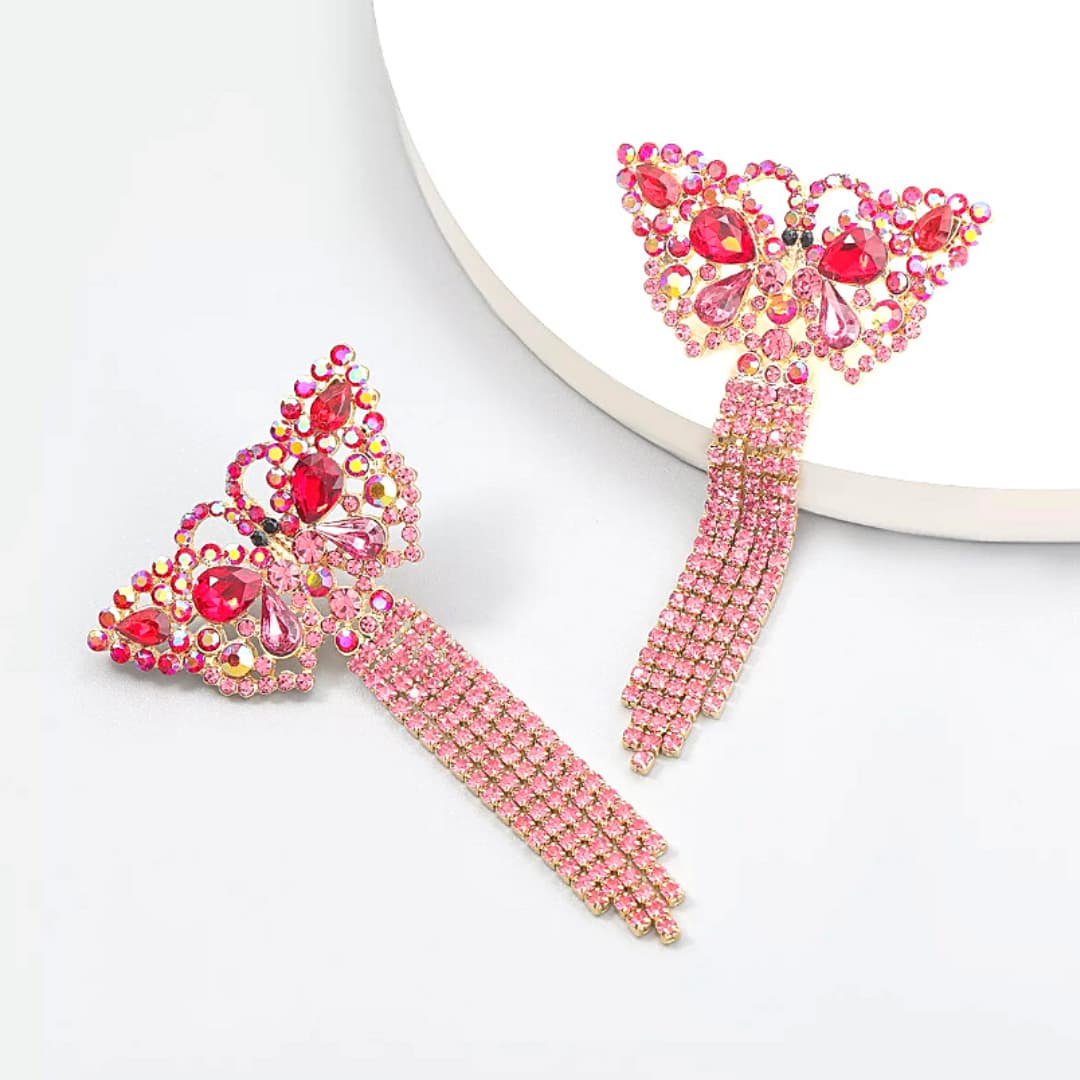 Bold Vibrant PINK Rhinestone Tassel Butterfly Gold Earrings