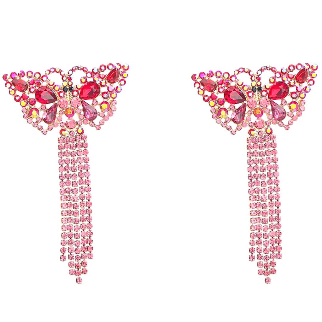 Bold Vibrant PINK Rhinestone Tassel Butterfly Gold Earrings - Ella Moore
