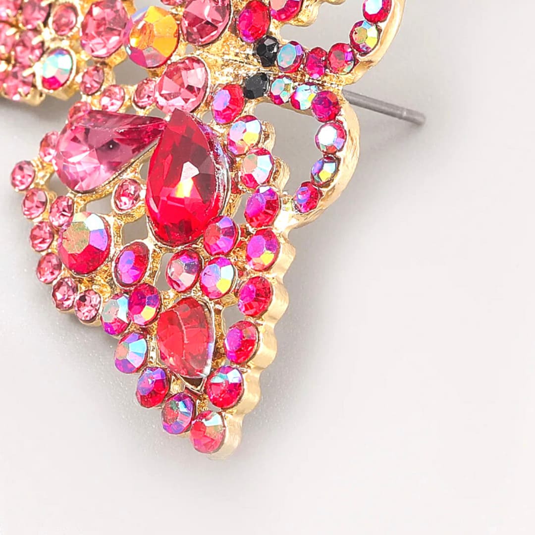 Bold Vibrant PINK Rhinestone Tassel Butterfly Gold Earrings