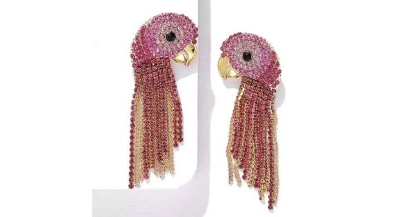 Pink Rhinestone Tassel Dangling Parrot Bird Earrings