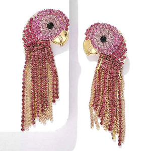 Pink Rhinestone Tassel Dangling Parrot Bird Earrings - Ella Moore